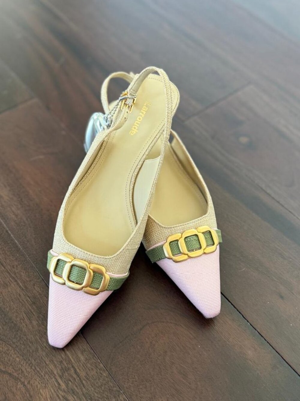 LARROUDÉ Franca Slingback Pumps – Beige Raffia w/ Pink Toe